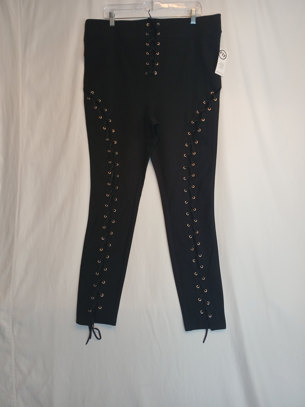 Black Stretch Knit High Waist Cut Out Lace Up Leg Skinny Pants 16 New!